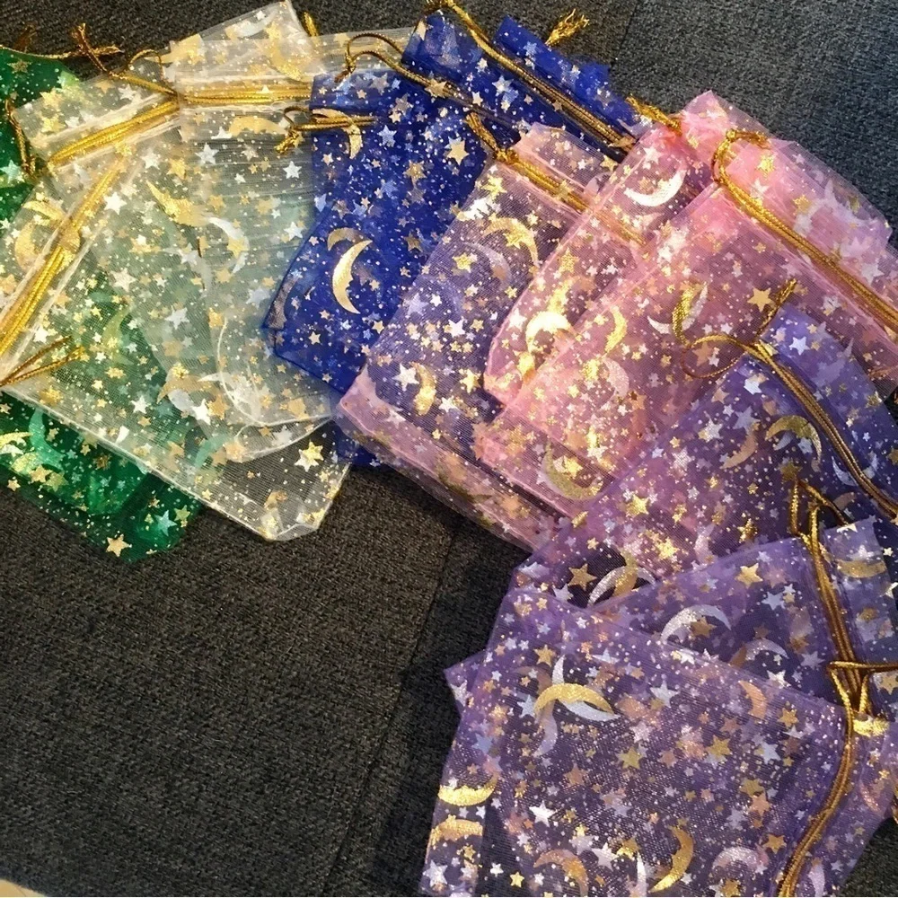 12 Count - Moon + Star Small Jewelry Organza Drawstring Bags, ~4 x 5 inches